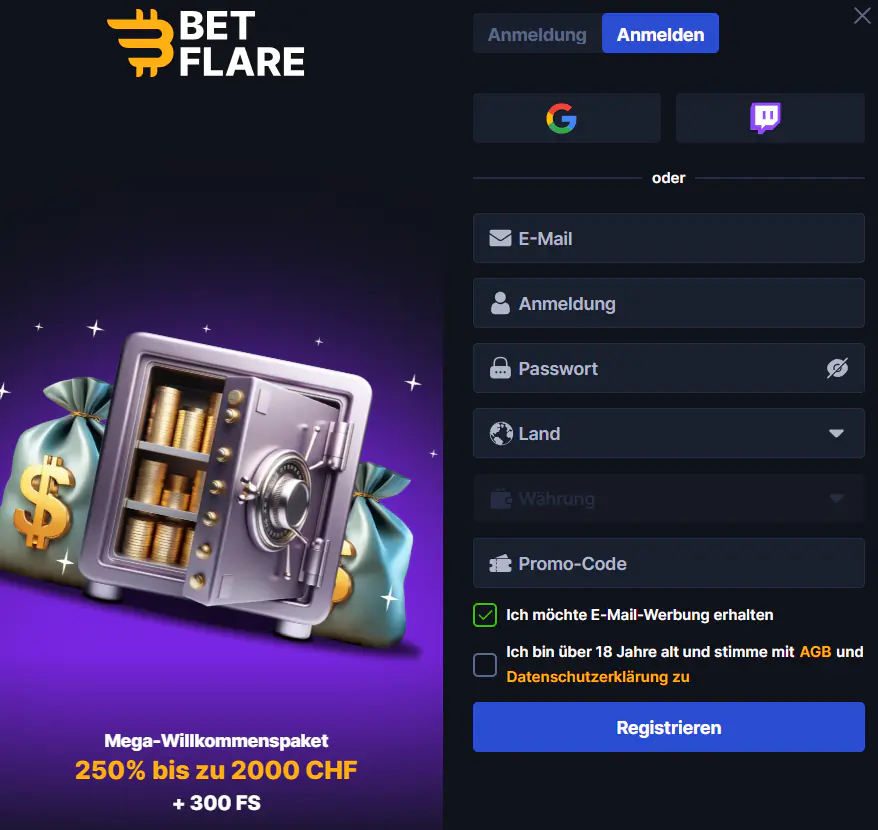 Registrierung und Login Betflare Deutschland